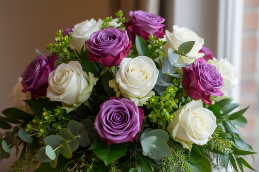 Purple and white roses